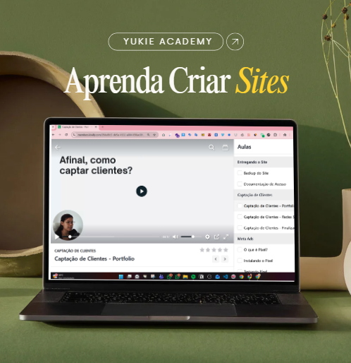 Plataforma do Yukie Academy aberta em um notebook, com a aula de captação de clientes