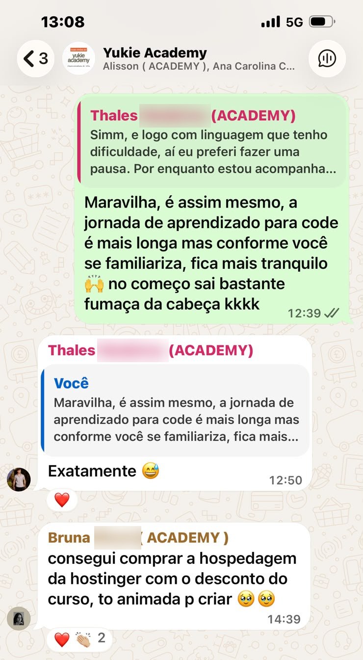 Conversa real no grupo de alunos Yukie Academy no WhatsApp